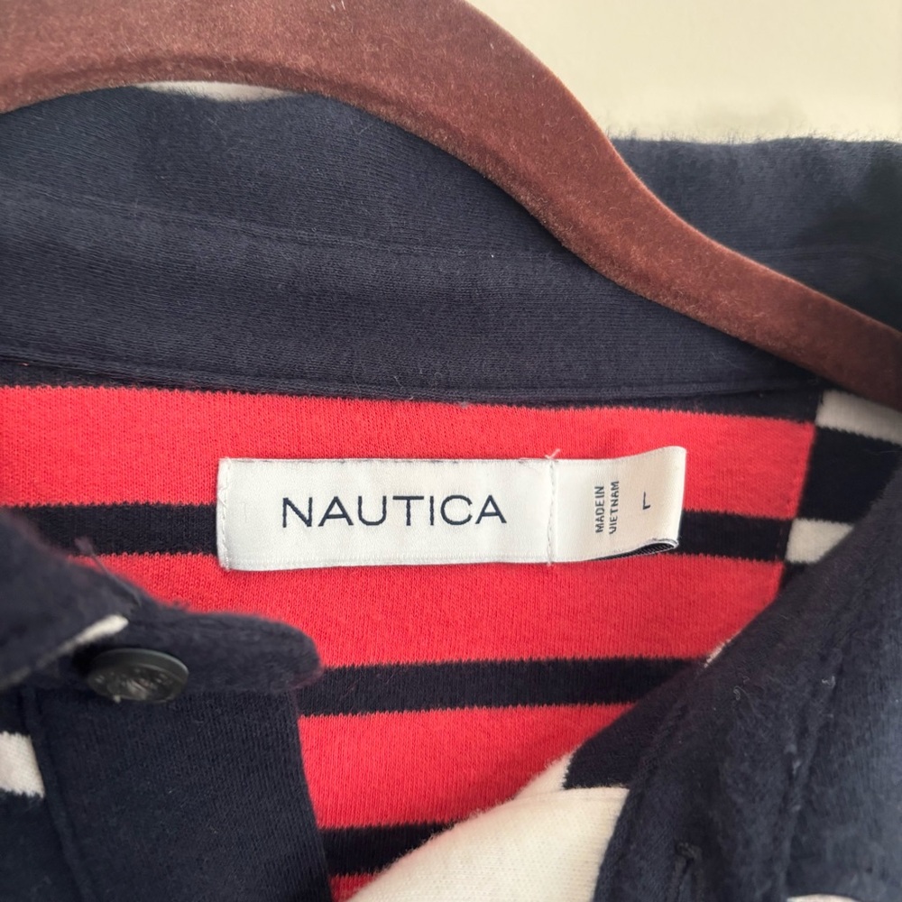 Nautica Navy Blue and White Striped Long Sleeve Polo Shirt - Picture 3 of 6